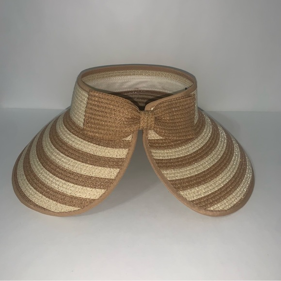 MAGID HAT Beige Straw Sun VISOR Floppy Beach Roll Up WIDE BRIM PACKABLE Bow - Picture 2 of 5